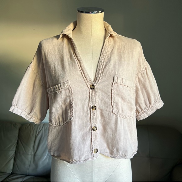 Zara Sz S Tan 100% Linen Button Up Shirt Cropped Short Sleeve Boxy Collared Top - Picture 3 of 17